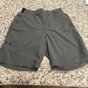 Under Armor. Gray. Workout shorts with thick waistband. Medium.